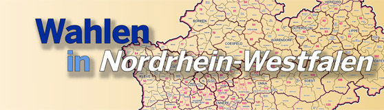 Ausschnitt der Flaechenkarte von Nordrhein-Westfalen mit Schriftzug Wahlen in Nordrhein-Westfalen